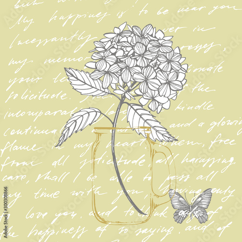 Hydrangea graphic illustration in vintage style. Flowers drawing and sketch w...