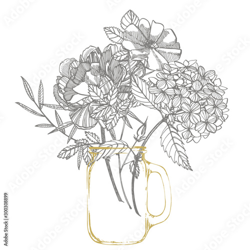 Bouquet. Spring Flowers and twigs. Peonies, Hydrangea, Rose. Vintage botanica...