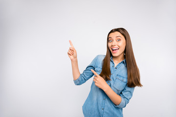Wall Mural - Portrait of funny funky promoter lady feel crazy scream wow omg point index finger indicate demonstrate sales discounts suggest select ads wear denim jeans clothes isolated over white color background