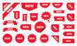 New Label collection set. Sale tags. Discount red ribbons, banners and icons. Shopping Tags. Sale icons. Red isolated on white background, vector illustration.