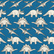 Vector dino horizontal seamless pattern in blue. Simple doodle dinosaur and texture rock background hand drawn made into repeat. Great for background, wallpaper, wrapping paper, packaging, kids