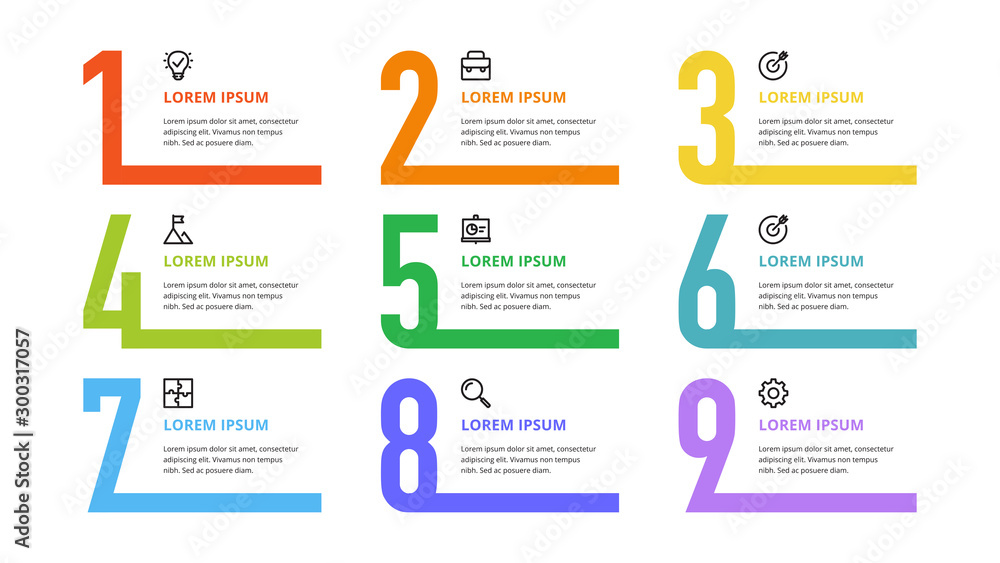 Nine colorful numbers or figures and rectangular elements or cards with ...