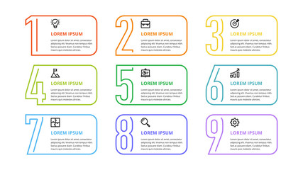 Wall Mural - nine colorful numbers or figures and rectangular elements or cards with place for text. infographic 