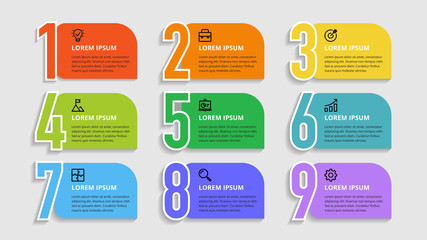 Wall Mural - nine colorful numbers or figures and rectangular elements or cards with place for text. infographic 