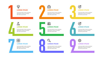 nine colorful numbers or figures and rectangular elements or cards with place for text. infographic 