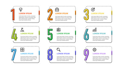 Wall Mural - nine colorful numbers or figures and rectangular elements or cards with place for text. infographic 
