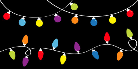 Colorful string fairy light set. Holiday festive xmas decoration. Christmas lights. Lightbulb glowing garland. Rainbow color. Flat design. Black background. Isolated.