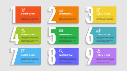 Nine colorful numbers or figures and rectangular elements or cards with place for text. Infographic design template. Creative vector illustration for business options, steps, processes.