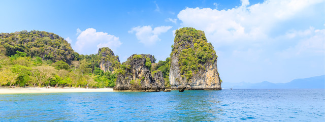 Wall Mural - Beautiful beach and cliff with blue sea at Koh Hong Island at Krabi, Thailand; panorama banner