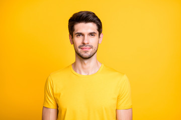 Sticker - Closeup photo of amazing serious macho guy looking mirror in stylist salon renew hairdo got job promotion wear casual t-shirt isolated yellow color background