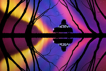 Sticker - Retro car on lake road at night. Vector illustration with silhouettes of woman and dog traveling in camper between trees. Family road trip. Northern lights in starry sky. Colorful aurora borealis