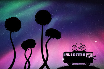 Sticker - Retro car on hill between dandelions at night. Vector illustration with silhouettes of people traveling in camper. Family road trip. Northern lights in starry sky. Colorful aurora borealis