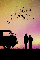Sticker - old lovers near retro car at night. vector illustration with silhouette of elderly couple under floc
