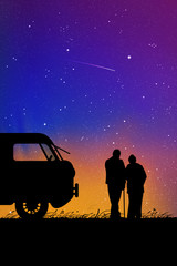 Sticker - old lovers near retro car at night. vector illustration with silhouette of elderly couple near campe