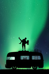 Sticker - guy carry girl on roof of retro car at night. vector illustration with silhouette of happy lovers. f