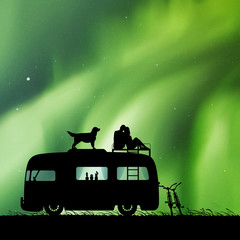 Sticker - lovers and dog on roof of retro car at night. vector illustration with silhouette of couple on camps