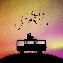 Sticker - lovers on roof of retro car at night. vector illustration with silhouette of couple sitting under fl
