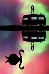Sticker - lovers on roof of retro car at night. vector illustration with silhouette of couple at swan lake. fa