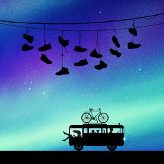 Sticker - Retro car at night. Vector illustration with silhouettes of people traveling in camper. Shoes hanging on wires. Family road trip. Northern lights in starry sky. Colorful aurora borealis