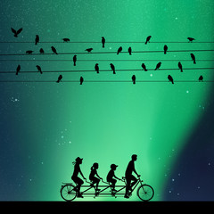 Sticker - family on bike tandem under birds on wires at night. vector illustration with silhouettes of parents