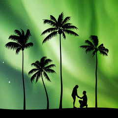 Sticker - Romantic marriage proposal on palm beach at night. Vector illustration with silhouettes of loving couple and tropical trees. Family creation. Northern lights in starry sky. Colorful aurora borealis