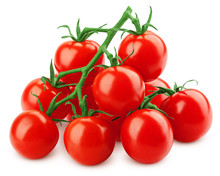Tomato Cherry On Branch Isolated On White Background, Clipping Path, Full Depth Of Field