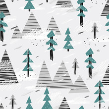Cute Seamless Pattern With Mountains And Trees. Creative Scandinavian Woodland Background. Vector Illustration. Childish Illustration.