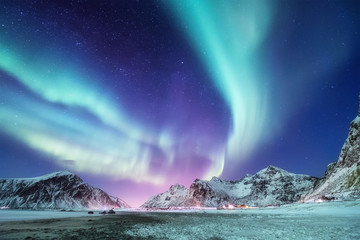 Wall Mural - aurora borealis on the lofoten islands, norway. green northern lights above mountains. night winter 