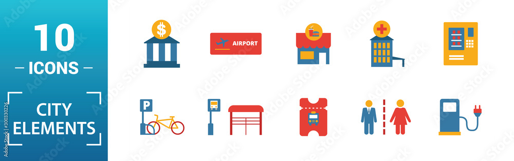 City Elements icon set. Include creative elements restroom sign, public ...