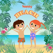 Vector Illustration Of Kids On A Tropical Beach, Boy And Girl Sunbathing, Cartoon Design