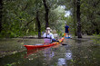 © watcherfox - Man in kayak paddle among flooded trees in the forest. Kayaking in wilderness areas at Danube river among flooded trees at spring high water on Danube biosphere reserve. Back view