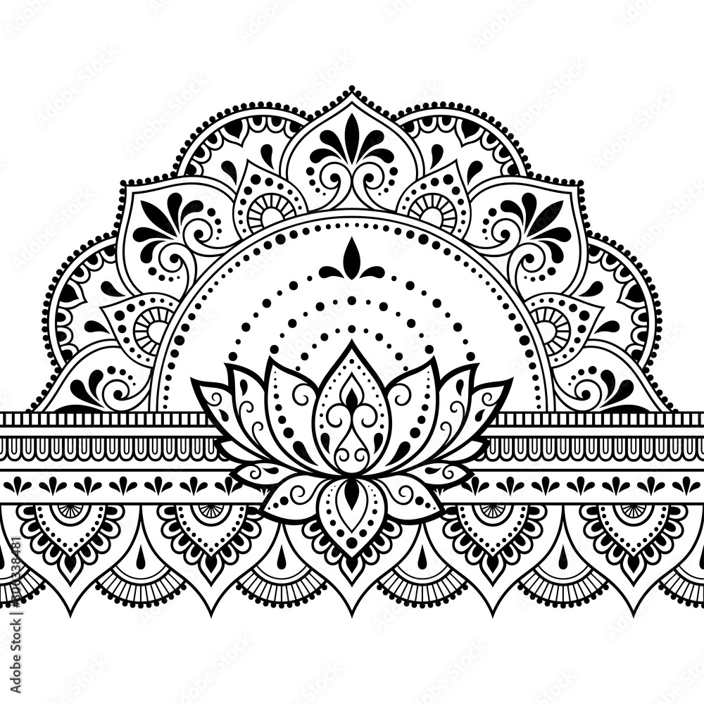 Seamless borders pattern with Mehndi Lotus flower for Henna drawing and  tattoo. Decoration in ethnic oriental, Indian style. Doodle ornament.  Outline hand draw vector illustration. Stock Vector | Adobe Stock, image size:1000x1000