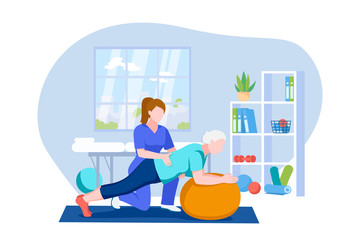 Wall Mural - Physiotherapist doctor rehabilitates elderly patient. Senior woman doing exercises on fitball. Vector illustration