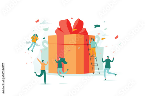 Fotografía online reward , Group of happy people receive a gift box vector illustration con