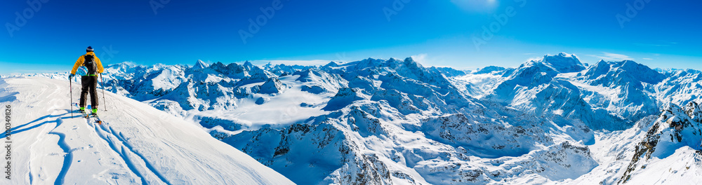 Skiing with amazing view of swiss famous mountains in beautiful winter snow  Mt Fort. The matterhorn and the Dent d'Herens. In the foreground the Grand Desert glacier. - obrazy, fototapety, plakaty 