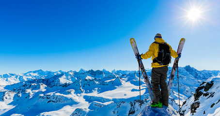 Ski area with amazing view of swiss famous mountains in beautiful winter snow  Mt Fort. The matterhorn and the Dent d'Herens. In the foreground the Grand Desert glacier.