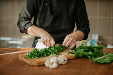 Closeup of female chef's hands preparing a recipe in the kitchen with vegetables. Woman cook chopping spinach leaves for vegetarian dish.