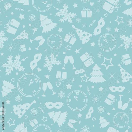 Festive background with Christmas attributes. Fir-trees, clocks, snowflakes, ...
