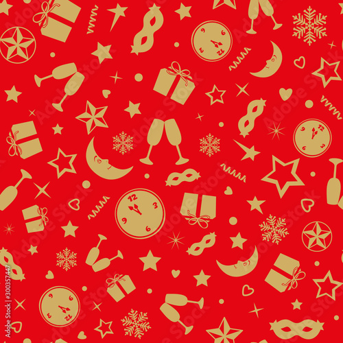 Festive pattern with golden christmas attributes on red background. Clocks, s...