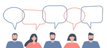 Community Of People. Communication Of Men And Women. People Icons With Speech Bubbles. Vector Illustration