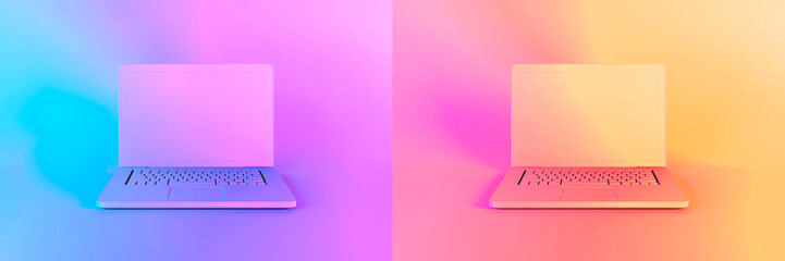 Laptop or notebook computer illuminated by bright gradient holographic lights of pink blue violet yellow colors Creative minimal office background 3D illustration Pop art conceptual art mock up