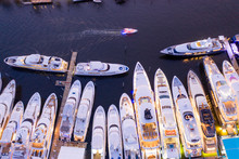 Ariel Direct Overhead Shot Of Luxury Super Yachts Lit At Night Fort Lauderdale International Boat Show