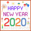 New year 2020 pixel message - 2020 New year message with balloons and fireworks. Square pixels of various colors have been used.