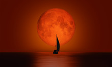 Lone Yacht With Full Moon "Elements Of This Image Furnished By NASA "