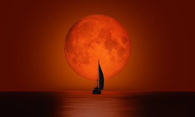 Fotomurales - Lone yacht with full moon 