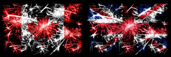 Canada, Canadian vs United Kingdom, British, Britain New Year celebration sparkling fireworks flags concept background. Combination of two abstract states flags