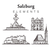 Set Of Hand-drawn Salzburg Buildings, Elements Sketch Vector Illustration.