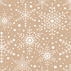 Snowflakes and snow on the kraft paper. Seamless vector pattern.