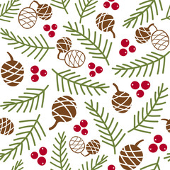 Wall Mural - Christmas background. Seamless vector pattern with pine cones, branches and berries. 