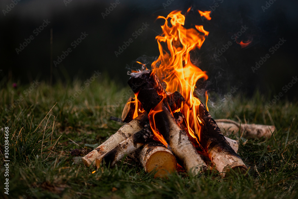 Burning bonfire in the evening in the Carpathian mountains. Place for inscription - obrazy, fototapety, plakaty 